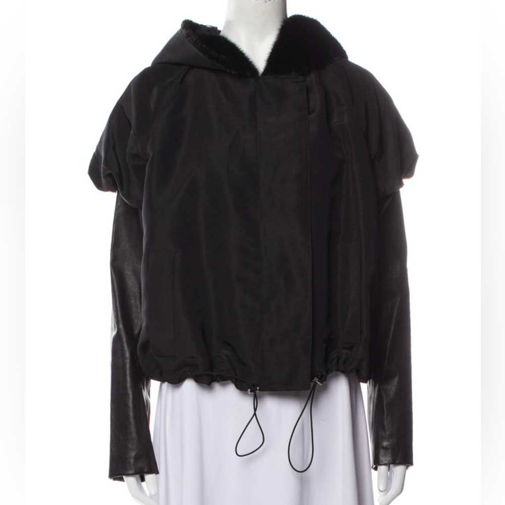 J Mendel Black Hooded with Mink trim and leather sleeves Women's Jacket
